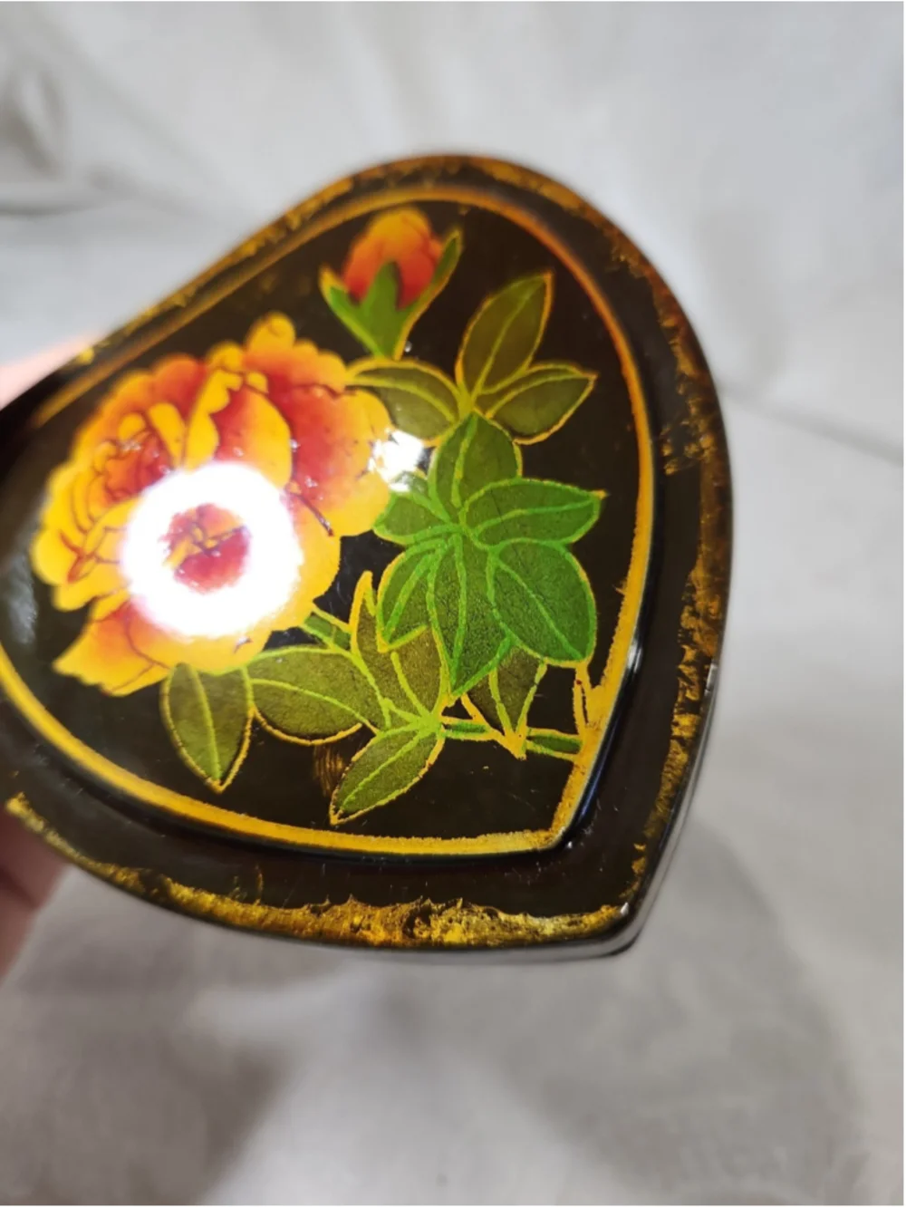 Vintage Chinese Black Lacquer Heart Trinket Box, Hand-Painted Roses 3.5”